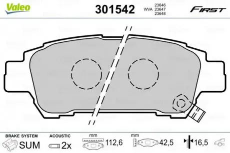 Тормозные колодки дисковые YOYOTA Avensis / Previa "2,0-2,4" R "00-09 Valeo 301542