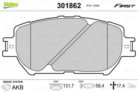 Гальмівні колодки дискові TOYOTA Camry "2,4-3,0" F "01-06 Valeo 301862
