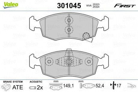 Тормозные колодки дисковые FIAT-LANCIA Panda-Ypsilon 0.9-1.3 F 11 Valeo 301045