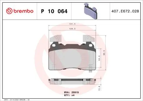 Комплект гальмівніх колодок з 4 шт. дисків BREMBO P10064