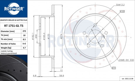 Диск тормозной графитовый (кратно 2) SUBARU LEGACY IV [274X66] (1751-GL / T5) ROTINGER RT 1751-GL/T5