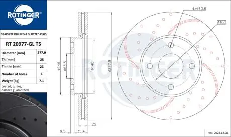 Диск гальмівний вентильований графітовий (кратно 2) FORD FIESTA V [278X45] (RT 20977-GL / T5) ROTINGER RT 20977-GL/T5 (фото 1)