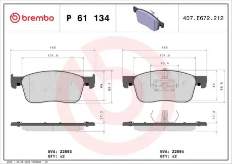 Тормозные колодки дисковые BREMBO P61 134