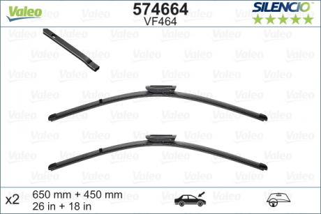 Комплект стеклоочистителей SILENCIO FLAT BLADE SET/бескаркасные/650•450 мм. / + спойлер / Valeo 574664