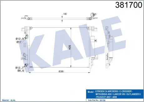 Радіатор кондиціонера Citroen C4 Aircross, C-Crooser, Mitsubishi ASX KALE OTO RADYATOR 381700