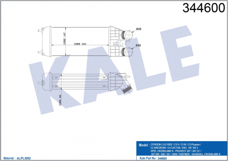 KALE CITROEN Интеркулер C-Elysee,C3 Aircross,C3 II,III,C3 Picasso,Cactus,DS3,Peugeot 301,208,2008 1.2/1.6HDI KALE OTO RADYATOR 344600