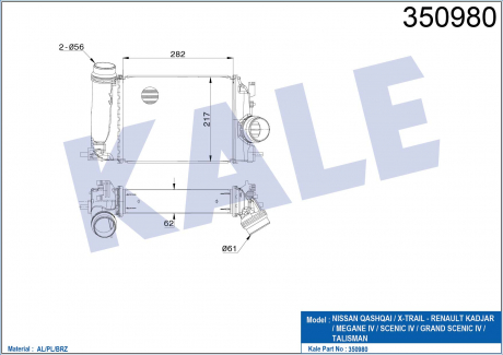 KALE RENAULT Интеркулер Grand Scenic IV,Kadjar,Megane IV,Talisman,Nissan Qashqai II,X-Trail 1.2/1.5dCi/1.6 KALE OTO RADYATOR 350980