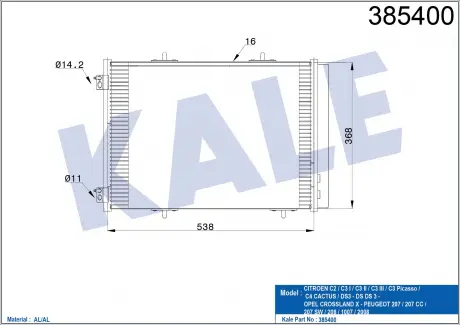 Радиатор кондиционера Citroen C2, C3 I, C3 II, C3 III, C3 Picasso KALE OTO RADYATOR 385400