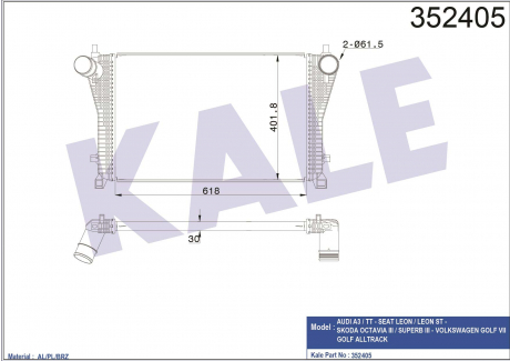 KALE VW Интеркулер Audi A3,Q2/3,Arteon,Golf VII,Passat,Tiguan,Skoda Karoq,Kodiaq,Octavia IV KALE OTO RADYATOR 352405