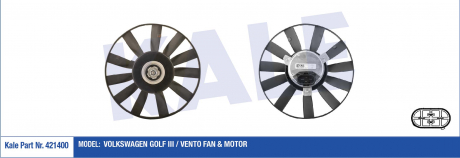 KALE VW Вентилятор радиатора 303mm 250/200/120 Вт Golf III,Vento 1.6/2.0 91- KALE OTO RADYATOR 421400 (фото 1)
