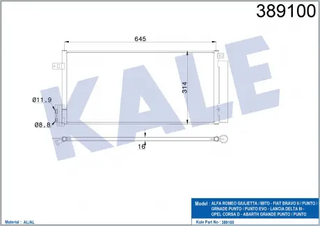 Радиатор кондиционера Fiat Bravo II, Punto/Opel Corsa D KALE OTO RADYATOR 389100