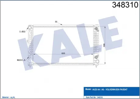 KALE VW Радиатор охлаждения Audi A4 95-,Audi A6,Passat 96 2.4/2.8 96- KALE OTO RADYATOR 348310 (фото 1)