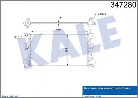 Радіатор охолодження Ford C-Max Ii, Grand C-Max, Focus Iii Radiator KALE OTO RADYATOR 347280