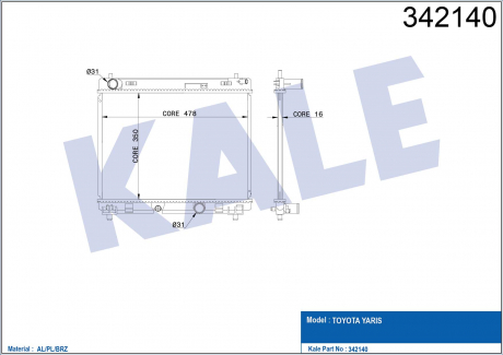 KALE TOYOTA Радиатор охлаждения Yaris 1.4 D-4D 05- KALE OTO RADYATOR 342140 (фото 1)