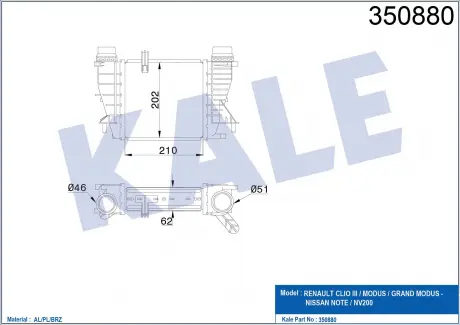Інтеркулер Renault Clio, Modus (10-)/Nissan Note (07-) 1.5 dCi KALE OTO RADYATOR 350880
