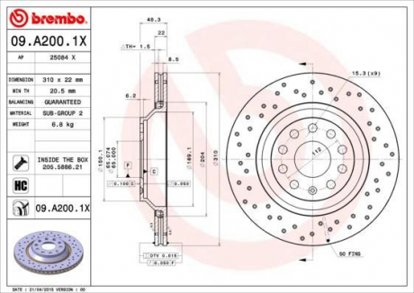 Тормозной диск BREMBO 09.A200.1X (фото 1)