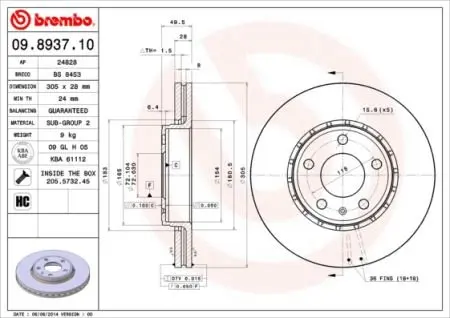 Тормозной диск BREMBO 09.8937.11