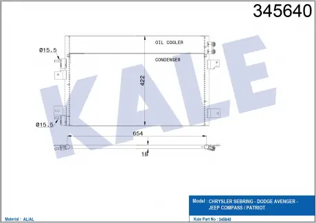 Радиатор кондиционера Chrysler Sebring, Dodge Avenger, Jeep Compass KALE OTO RADYATOR 345640