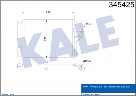 Радиатор кондиционера Hyundai IX35, Kia Carens IV, Sportage KALE OTO RA KALE OTO RADYATOR 345425