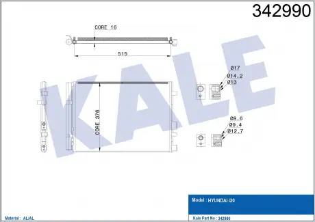 KALE HYUNDAI Радиатор кондиционера i20 1.1/1.4CRDi 12- KALE OTO RADYATOR 342990