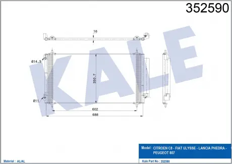KALE CITROEN Радиатор кондиционера C8,Fiat Ulysse,Peugeot 807 2.2HDI KALE OTO RADYATOR 352590