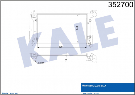 KALE TOYOTA Радиатор охлаждения Corolla 1.4/1.6 01- KALE OTO RADYATOR 352700 (фото 1)