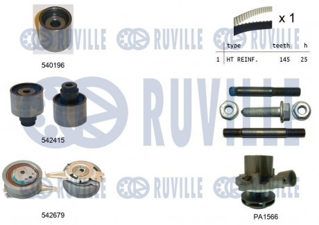 AUDI к-кт. грм. (ремень+3 ролика+ не переключаемая помпа+крепление) A1/3/4/5/6,Q2/3/5, Skoda Octavia III, Rapid, SuperB III,Arteon,Caddy IV,Golf VI,VII, Passat,Tiguan,Sharan,T 6 1.6/2.0TDI 12- RUVILLE 5503761
