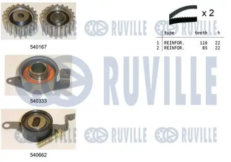 К-кт. ГРМ (2шт. рем.+3шт. ролика+крепление) FORD 1,8D/TD: Escort, Fiesta, Sierra 89-01 RUVILLE 550011