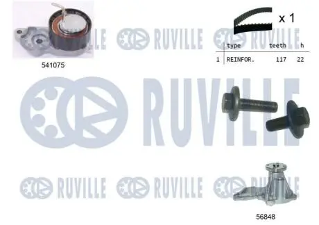 FORD К-т ГРМ (помпа+рем.+1шт. ролик+крепление) Ford Focus -04, Fiesta -02, Fusion -04 RUVILLE 5500641