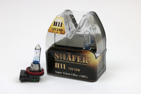Лампа галогенова H11 12V55W Super Vision Ultra +100% (комплект, пластиковий бокс  2шт) SHAFER SL3011 (фото 1)