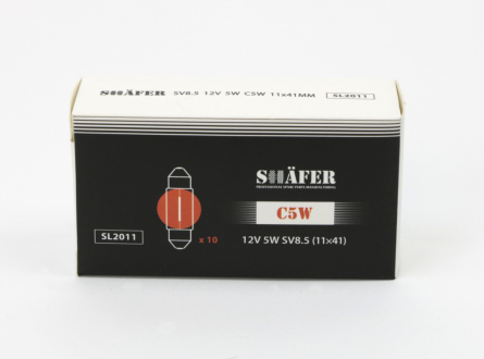 Лампа накалювання 12V 5W C5W SV8.5 (11×41) (картонна упаковка по 10шт) SHAFER SL2011