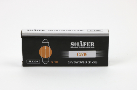 Лампа накалювання 24V 5W C5W SV8.5 (11x36) (картонна упаковка по 10шт) SHAFER SL2209 (фото 1)