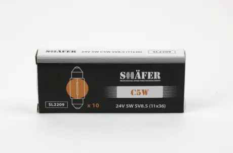 Лампа накалювання 24V 5W C5W SV8.5 (11x36) (картонна упаковка по 10шт) SHAFER SL2209