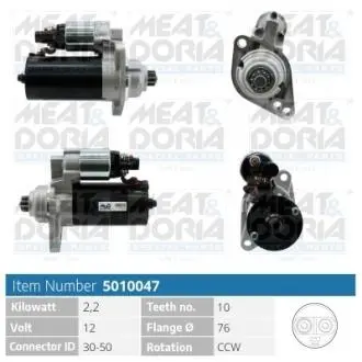 MEATDORIA VW Стартер Golf,Polo,T5,Skoda Fabia,Octavia,Seat,Audi MEAT&DORIA 5010047 (фото 1)
