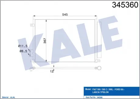 KALE FIAT Радиатор кондиционера 500,Panda 12-,Ford Ka,Lancia KALE OTO RADYATOR 345360