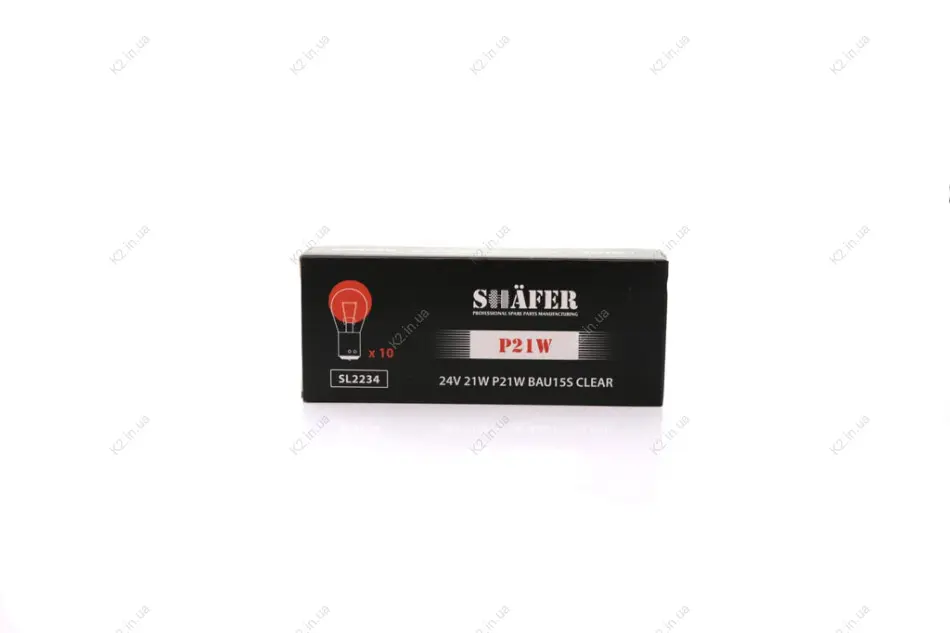 Лампа накалювання 24V 21W P21W BAU15S CLEAR (картонна упаковка по 10шт) SHAFER SL2234 (фото 1)