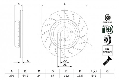 Диск гальмівний BMW 5/7/X5/X6 \'\'RR M-Perfomance d=370mm \'\'16>> BOSCH 0986479G13