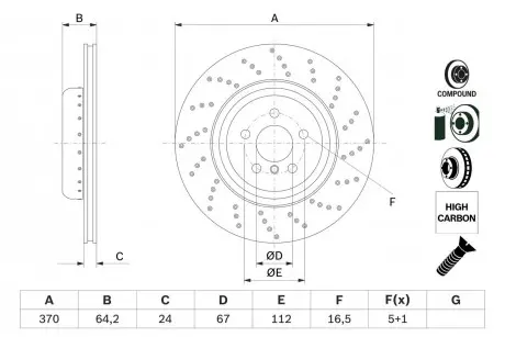 Диск гальмівний BMW 5/7/X5/X6 \&#039;\&#039;RR M-Perfomance d=370mm \&#039;\&#039;16&gt;&gt; BOSCH 0986479G13 (фото 1)