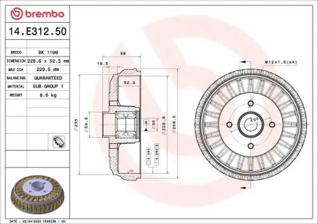 Гальмівний барабан Logan 07-/Stepway 12- (228,6x52,3mm)/к-т з підшипн. BREMBO 14.E312.50