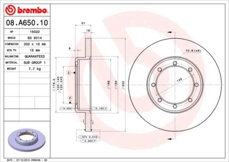 Гальмівний диск зад. NV400 11-/Movano B/Master III 10- (302x51mm) BREMBO 08.A650.10
