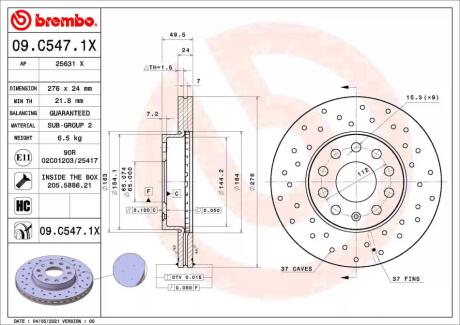 Гальмівний диск пер. Octavia III 12-/Golf VII 13- (276x49,5mm) BREMBO 09.C547.1X