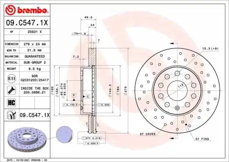 Гальмівний диск пер. Octavia III 12-/Golf VII 13- (276x49,5mm) BREMBO 09.C547.1X (фото 1)