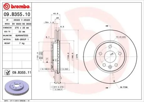Гальмівний диск пер. Cruze 09-/Aveo 11-/Astra J 09- (276x46mm) BREMBO 09.B355.11