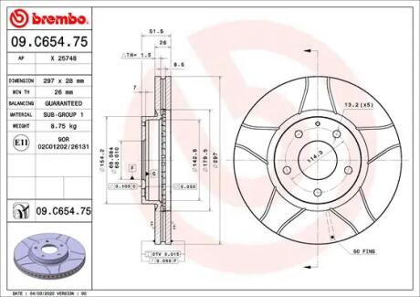 Гальмівний диск пер. CX-5 11-/Mazda 12- (297x52mm)(1шт/уп) BREMBO 09.C654.75
