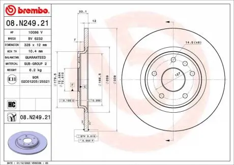 Гальмівний диск зад. Journey 08-/Voyager 11- (328x33mm) BREMBO 08.N249.21