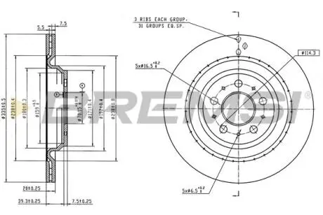 Гальмівний диск зад. TESLA MODEL 3 17- (335x20mm) BREMSI CD9016V