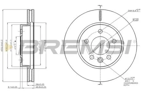 Гальмівний диск пер. Amarok (16-21) BREMSI CD8017V