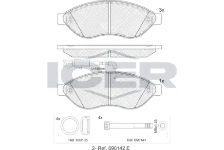 Колодки гальмівні (передні) Citroen Jumper/Fiat Ducato/Peugeot Boxer 06- (+датчик) ICER LM1803