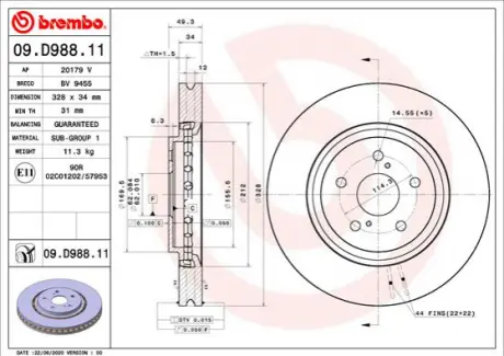 Диск тормозной передний TOYOTA BZ4X BREMBO 435120R070