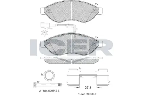 Колодки гальмівні (передні) Citroen Jumper/Fiat Ducato/Peugeot Boxer 06- (+ датчик) ICER 141803-203